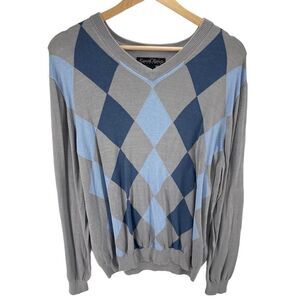 Kenneth Roberts Men’s Silk Blend Argyle V Neck Pullover Sweater Gray Blue Large